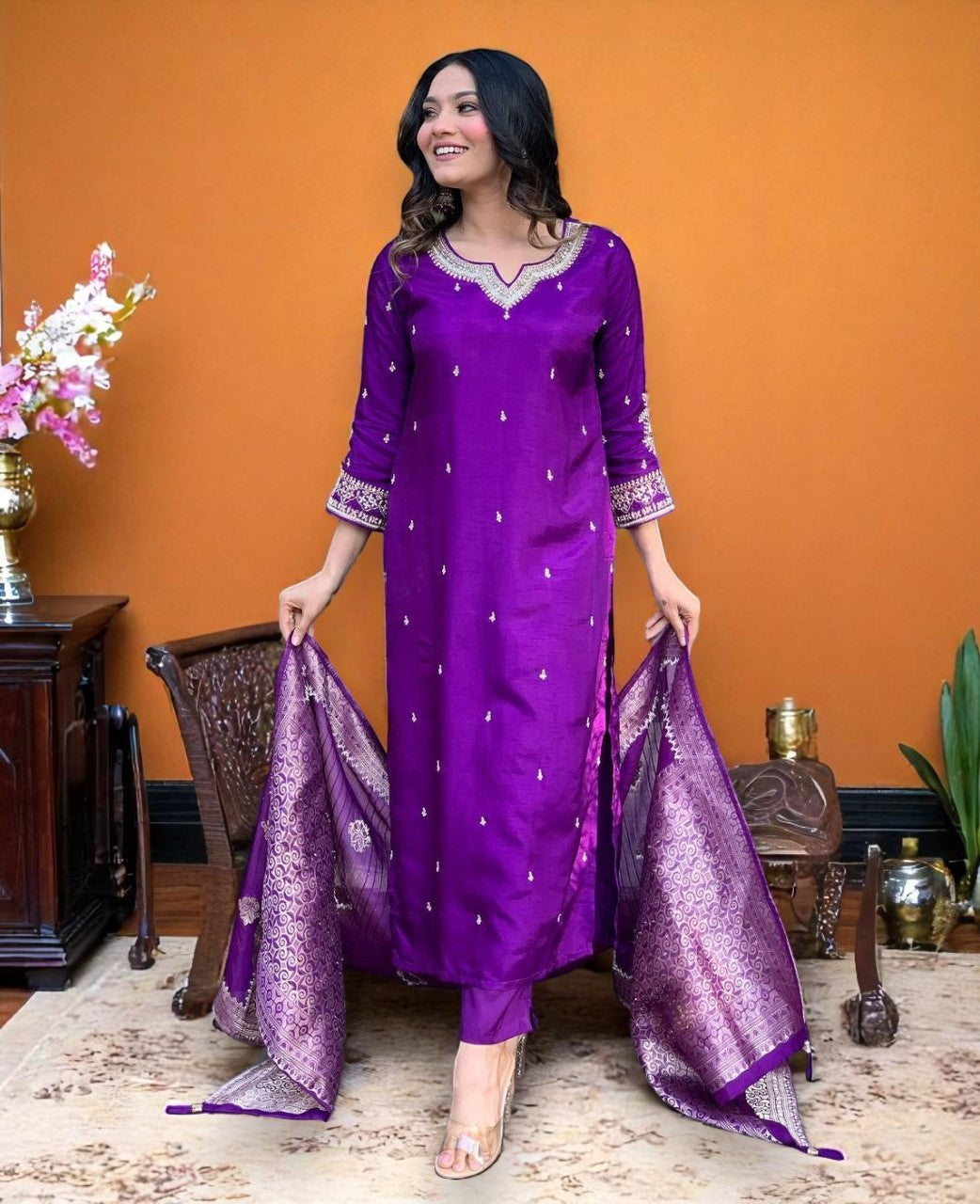 Silken Grace: Women’s Kurta Pant Dupatta Set