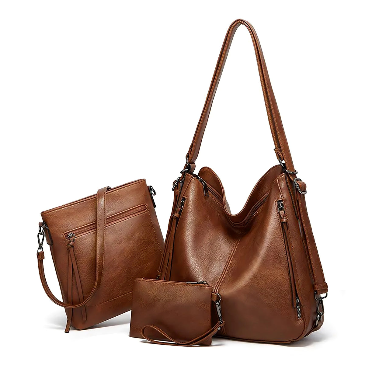 Set Of 3 Brown Light Weight Pu Leather Handbag Combo For Women