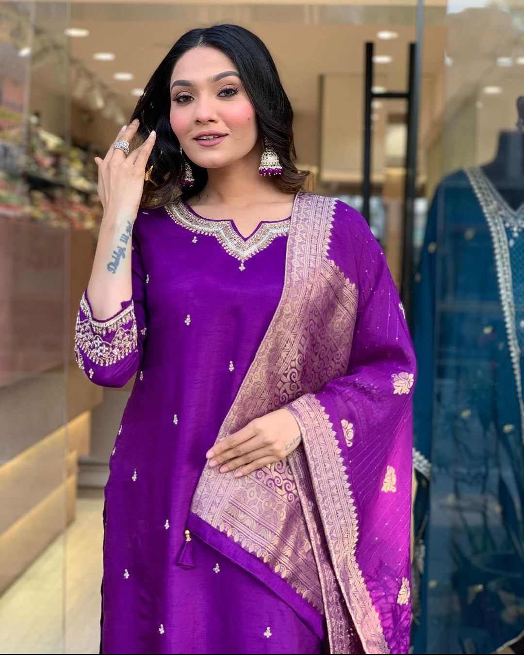 Silken Grace: Women’s Kurta Pant Dupatta Set