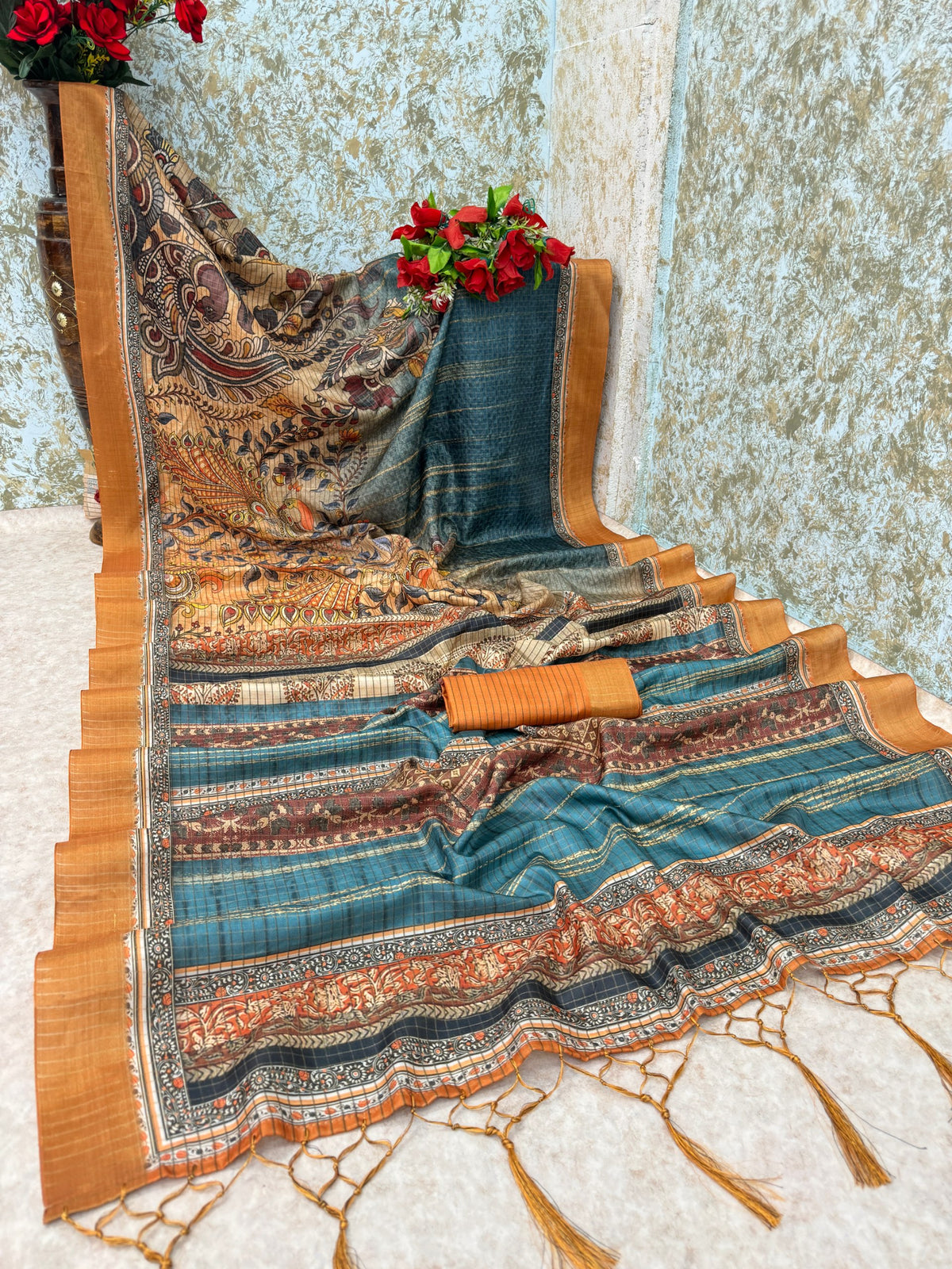Premium Mysore Silk Saree with Pure Jari, Checks & Digital Print