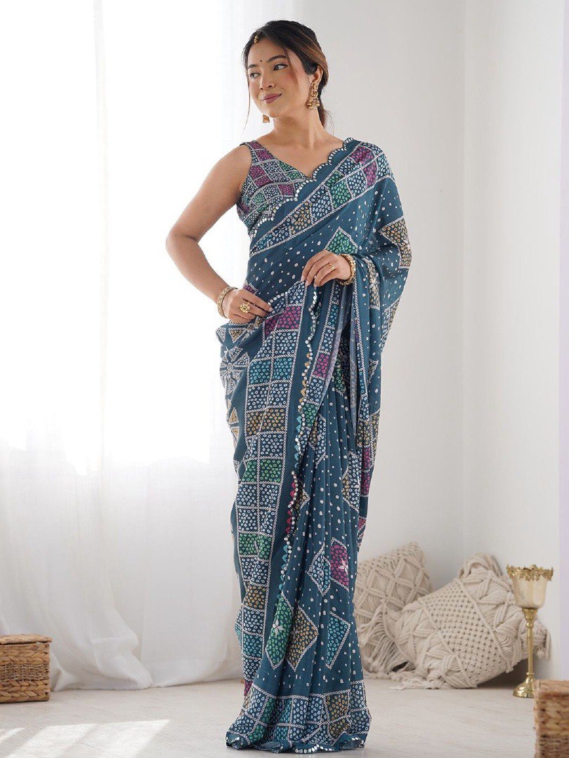 Royal Blue Georgette Saree with Ethnic Digital Print & Mirror Work