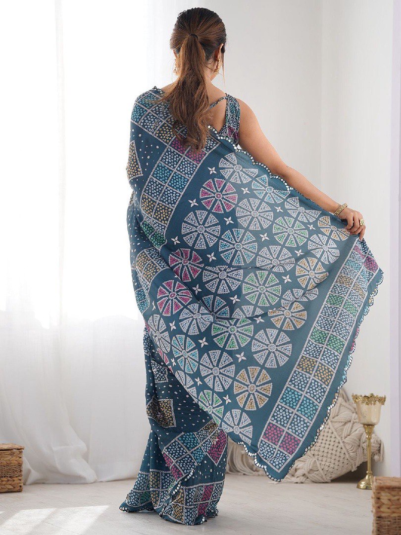 Royal Blue Georgette Saree with Ethnic Digital Print & Mirror Work