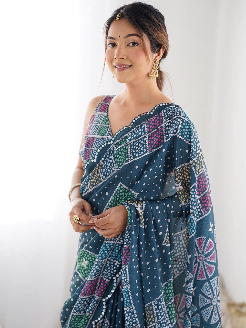 Royal Blue Georgette Saree with Ethnic Digital Print & Mirror Work