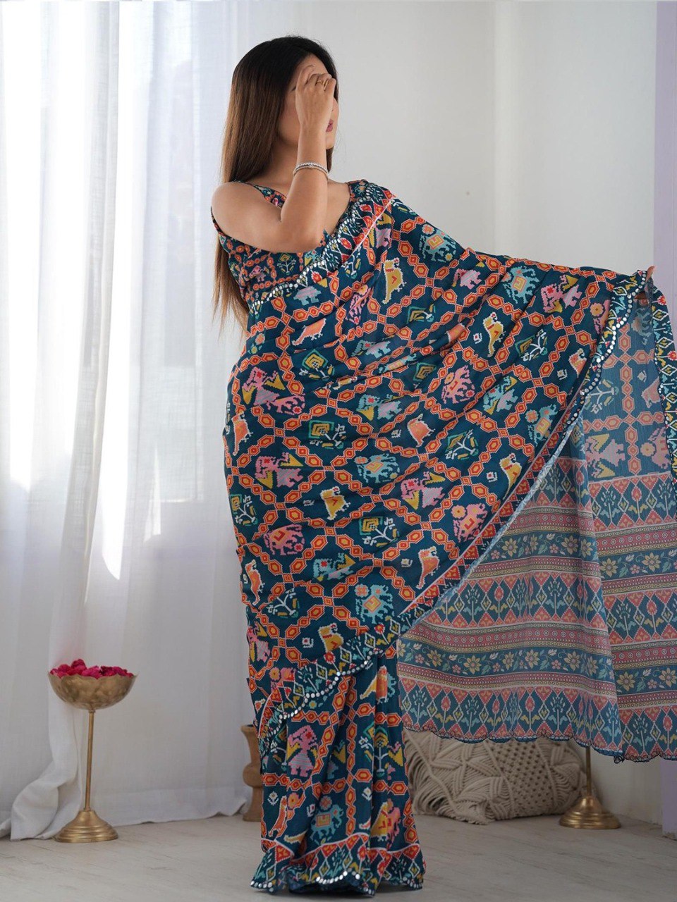 Elegant Georgette Saree with Digital Print & Mirror Detailing
