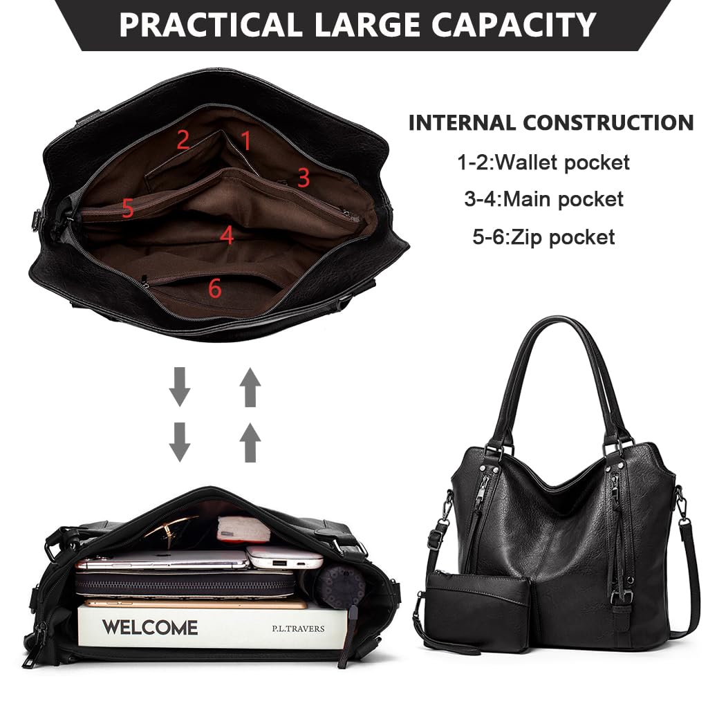 Tote Black Handbag Bag for Woman with Messenger Bag and Wallet in PU Leather with Strap