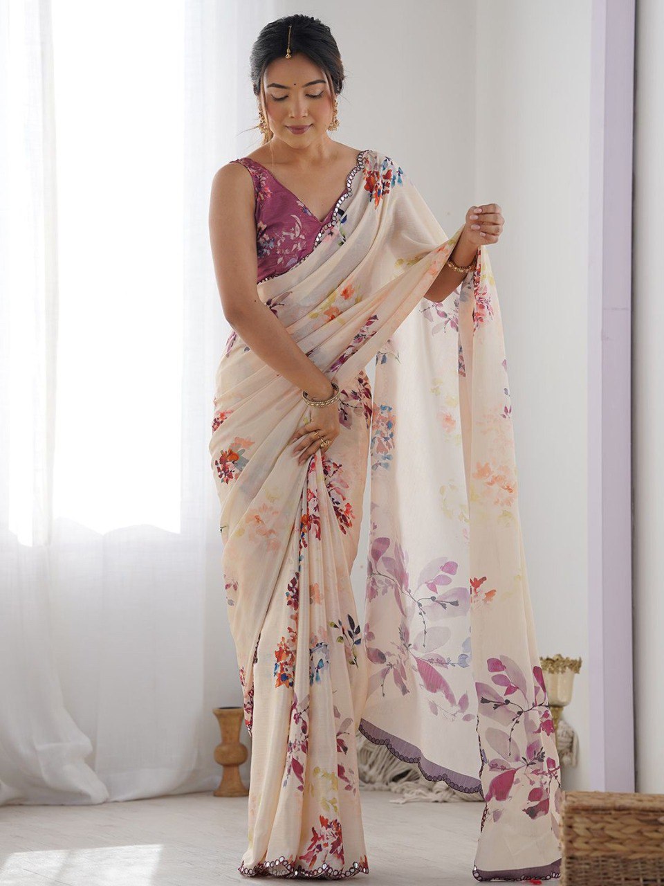 Soft Georgette Floral Digital Print Saree with Mirror Work & Arco Border
