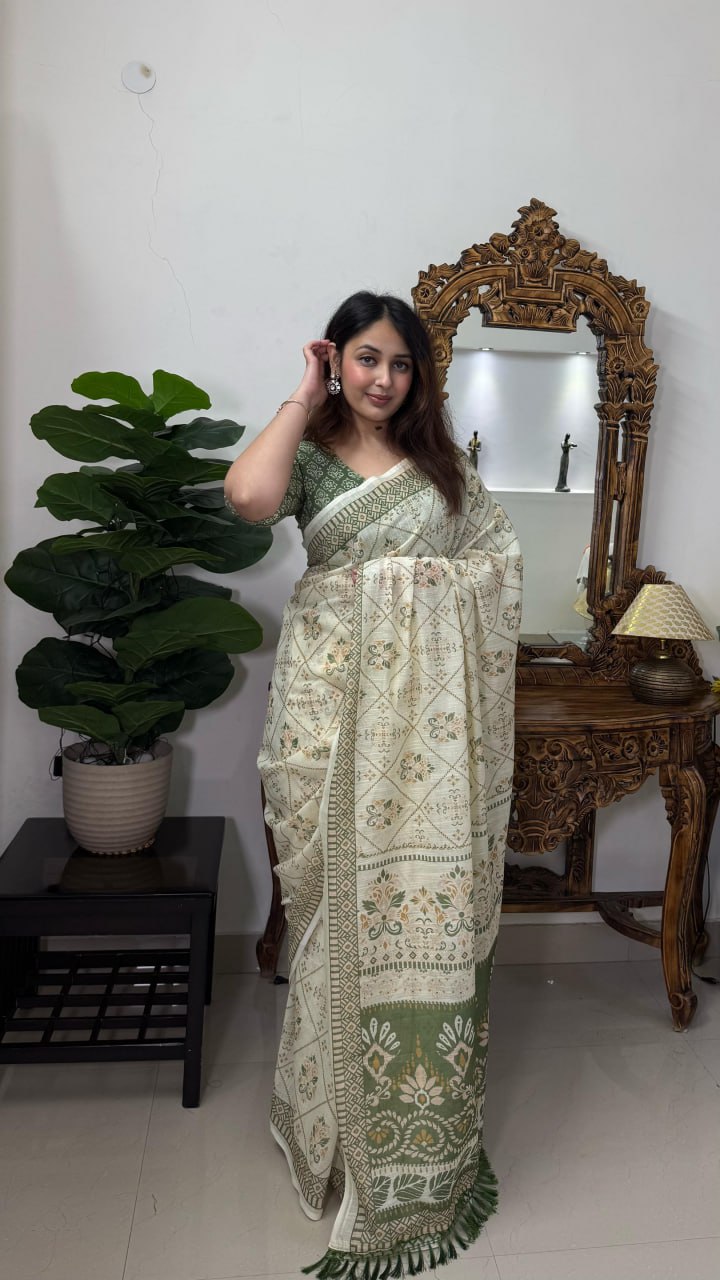Pure Linen Cotton Saree with Elegant Digital Print & Jalar Pallu
