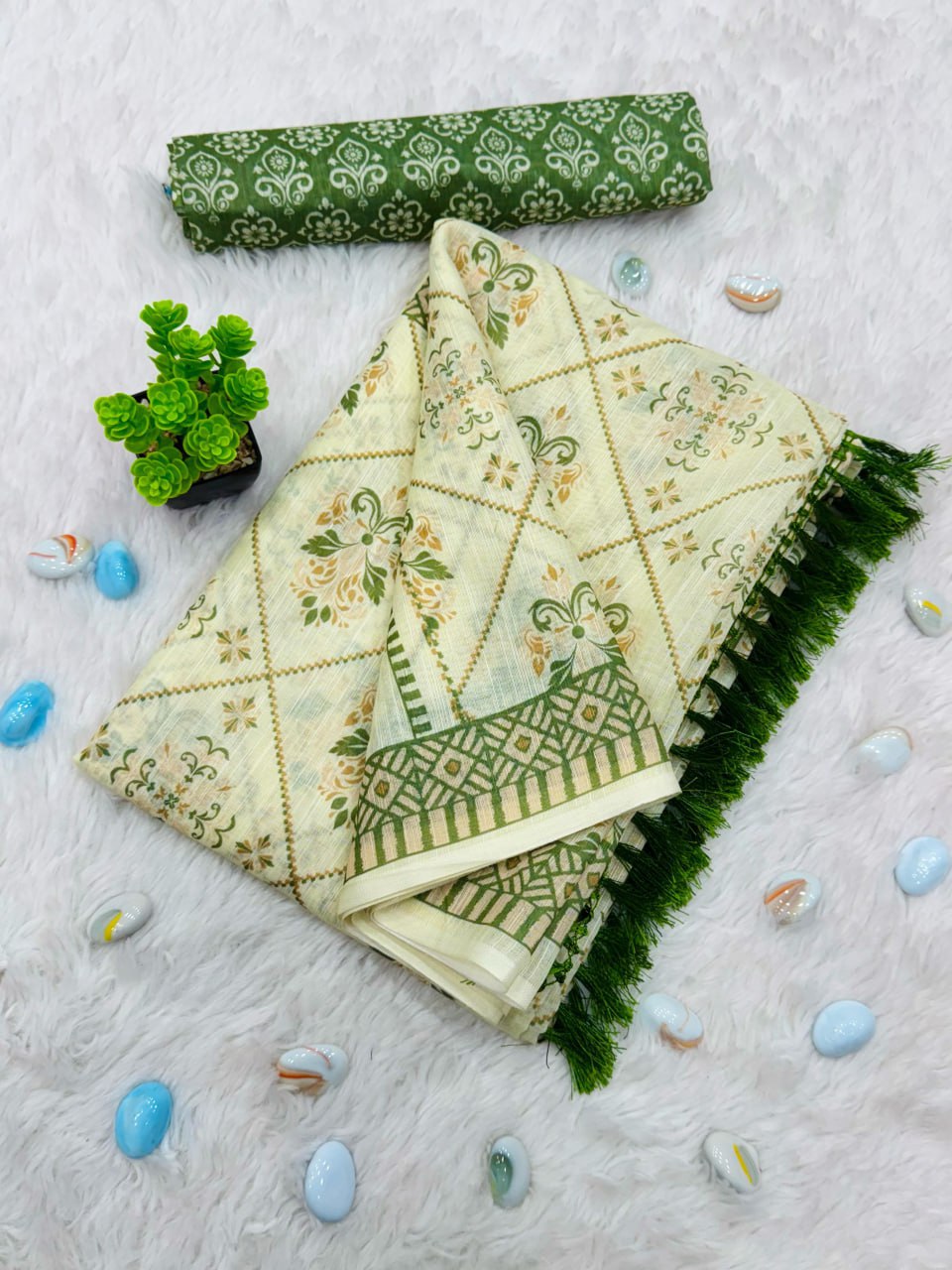 Pure Linen Cotton Saree with Elegant Digital Print & Jalar Pallu
