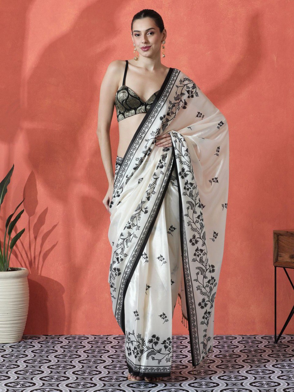 Ivory Black Gajri Silk Saree with Digital Print & Handmade Zalar