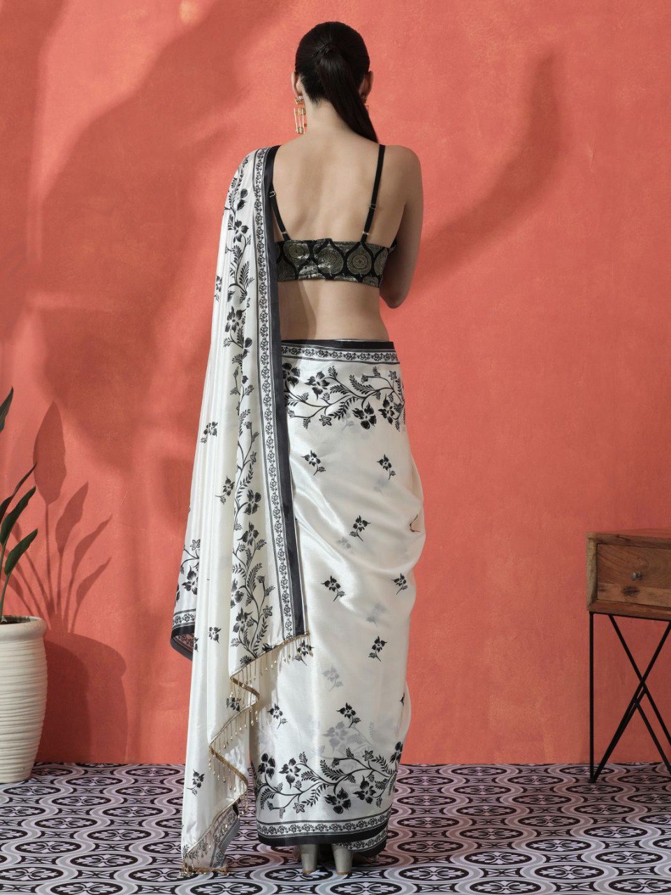 Ivory Black Gajri Silk Saree with Digital Print & Handmade Zalar