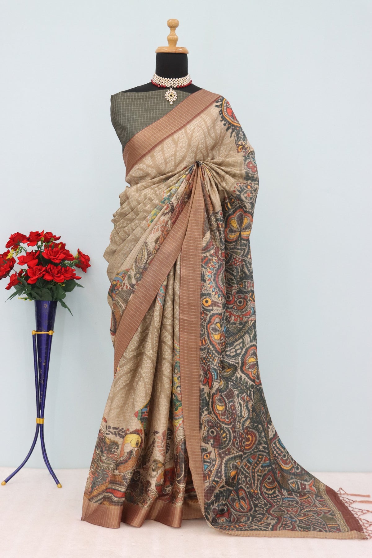 ✨ Elegant Mysore Silk Saree with Pure Jari, Small Checks & Designer Digital Print