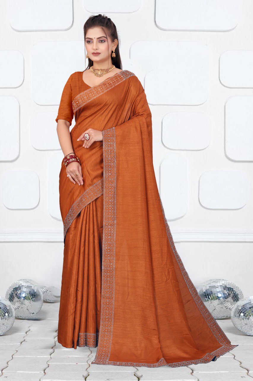 Elegant Dola Silk Saree in Deep Brown with Siroski Work Border
