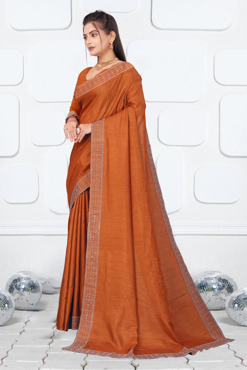 Elegant Dola Silk Saree in Deep Brown with Siroski Work Border