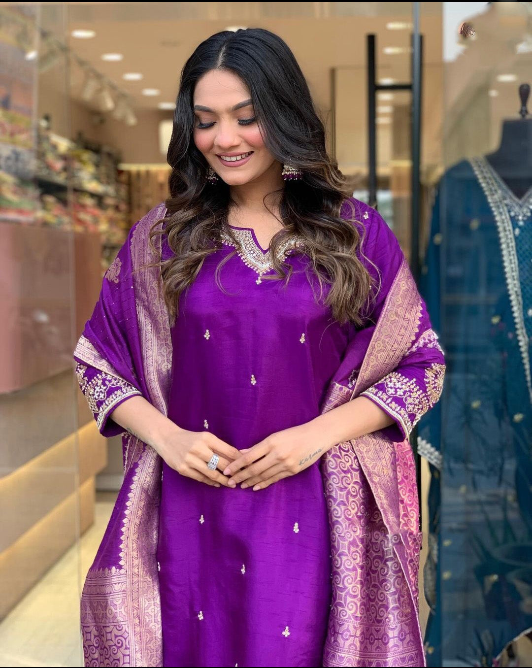 Silken Grace: Women’s Kurta Pant Dupatta Set