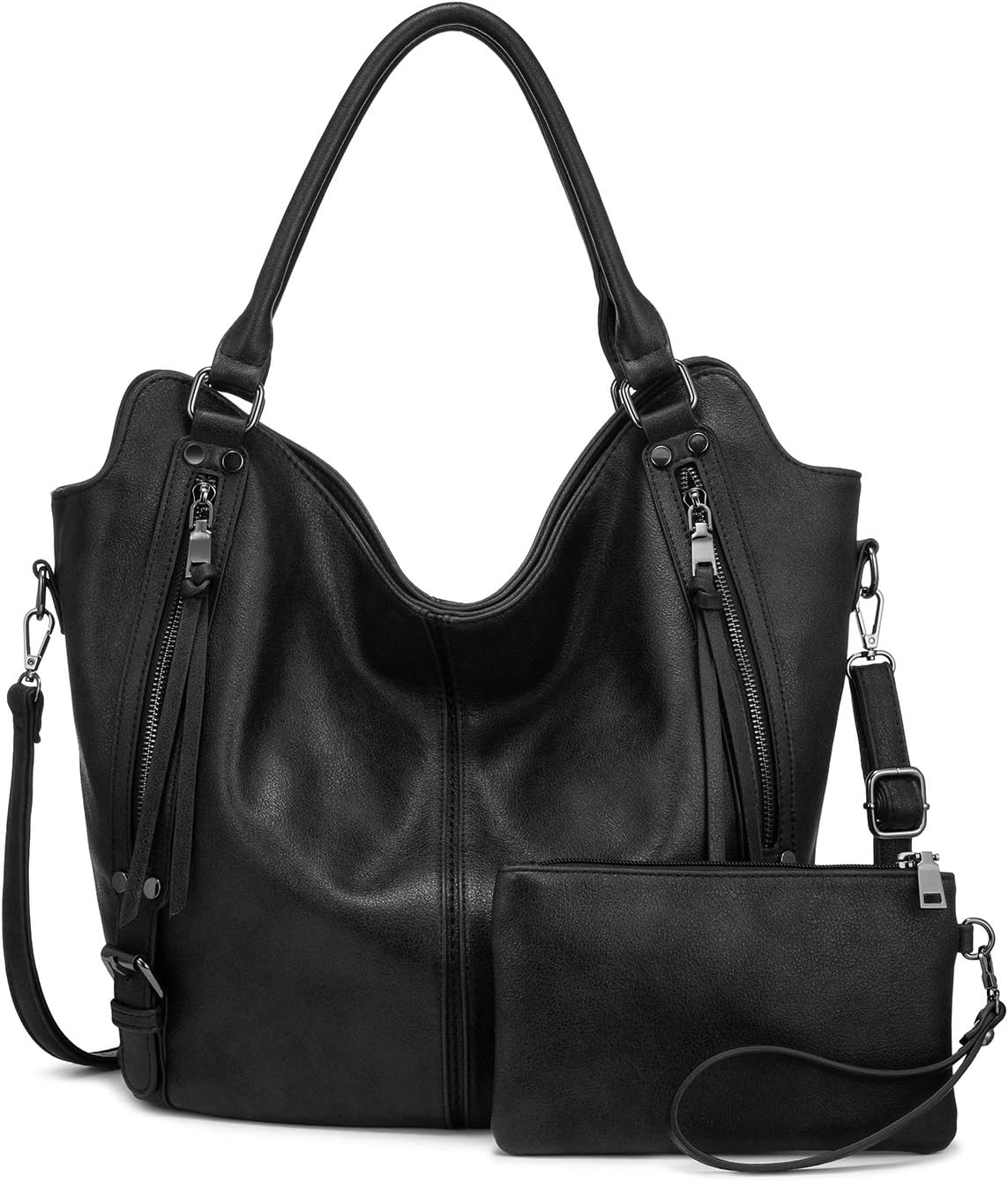 Tote Black Handbag Bag for Woman with Messenger Bag and Wallet in PU Leather with Strap