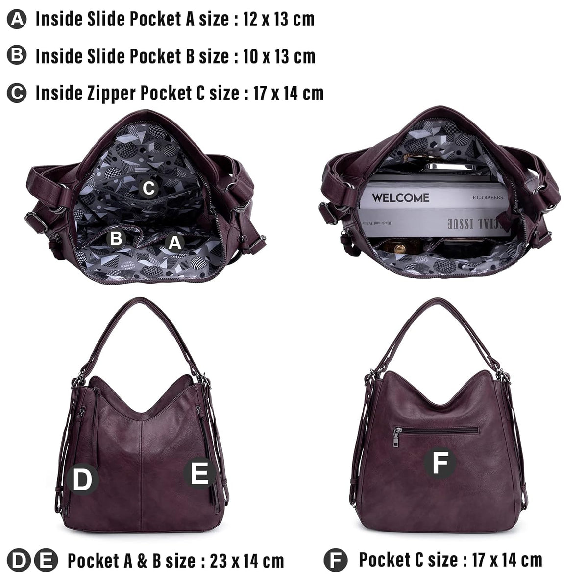 Set Of 3 Wine Light Weight Pu Leather Handbag Combo For Women