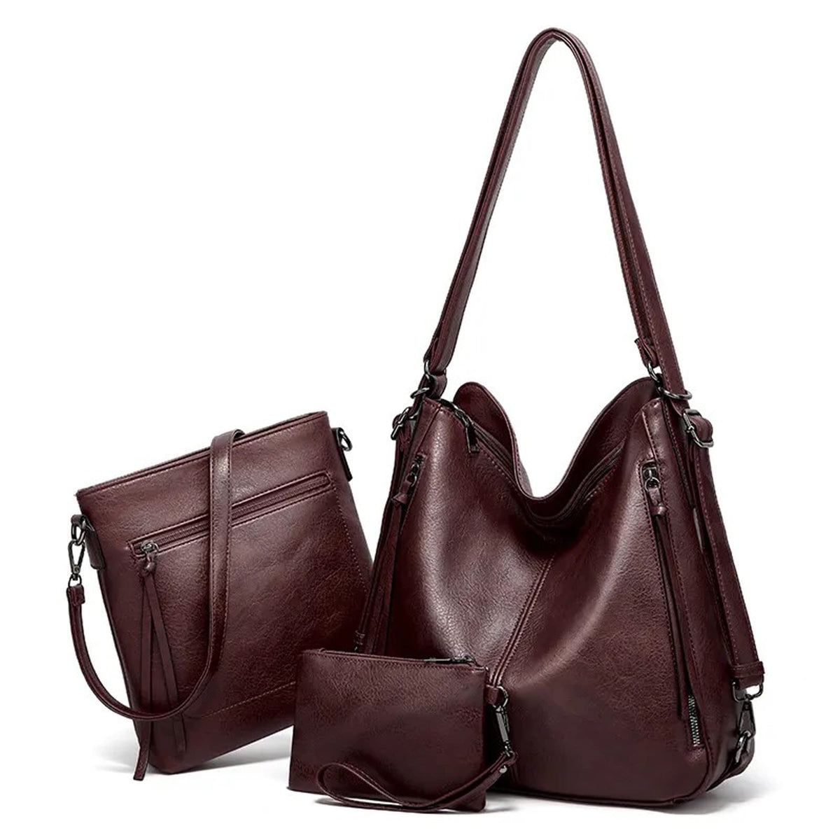 Set Of 3 Wine Light Weight Pu Leather Handbag Combo For Women