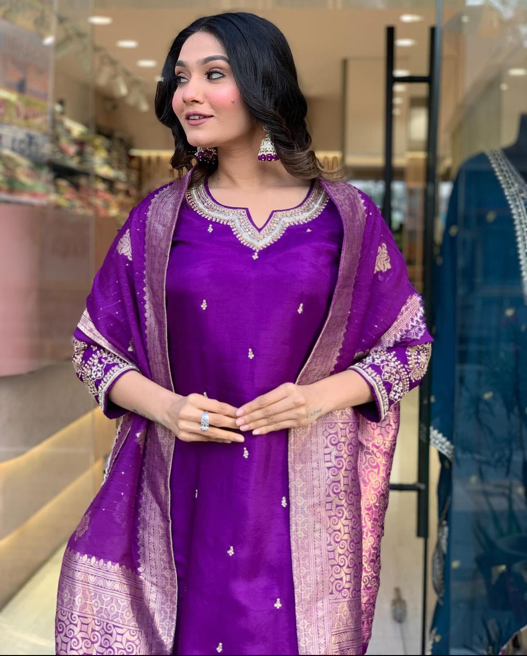 Silken Grace: Women’s Kurta Pant Dupatta Set