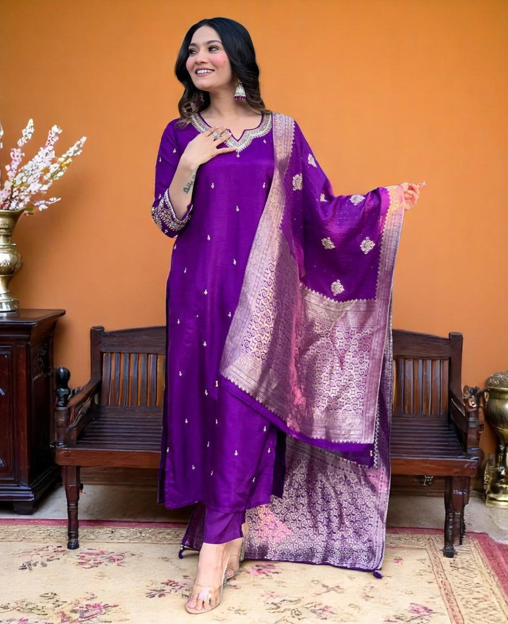Silken Grace: Women’s Kurta Pant Dupatta Set