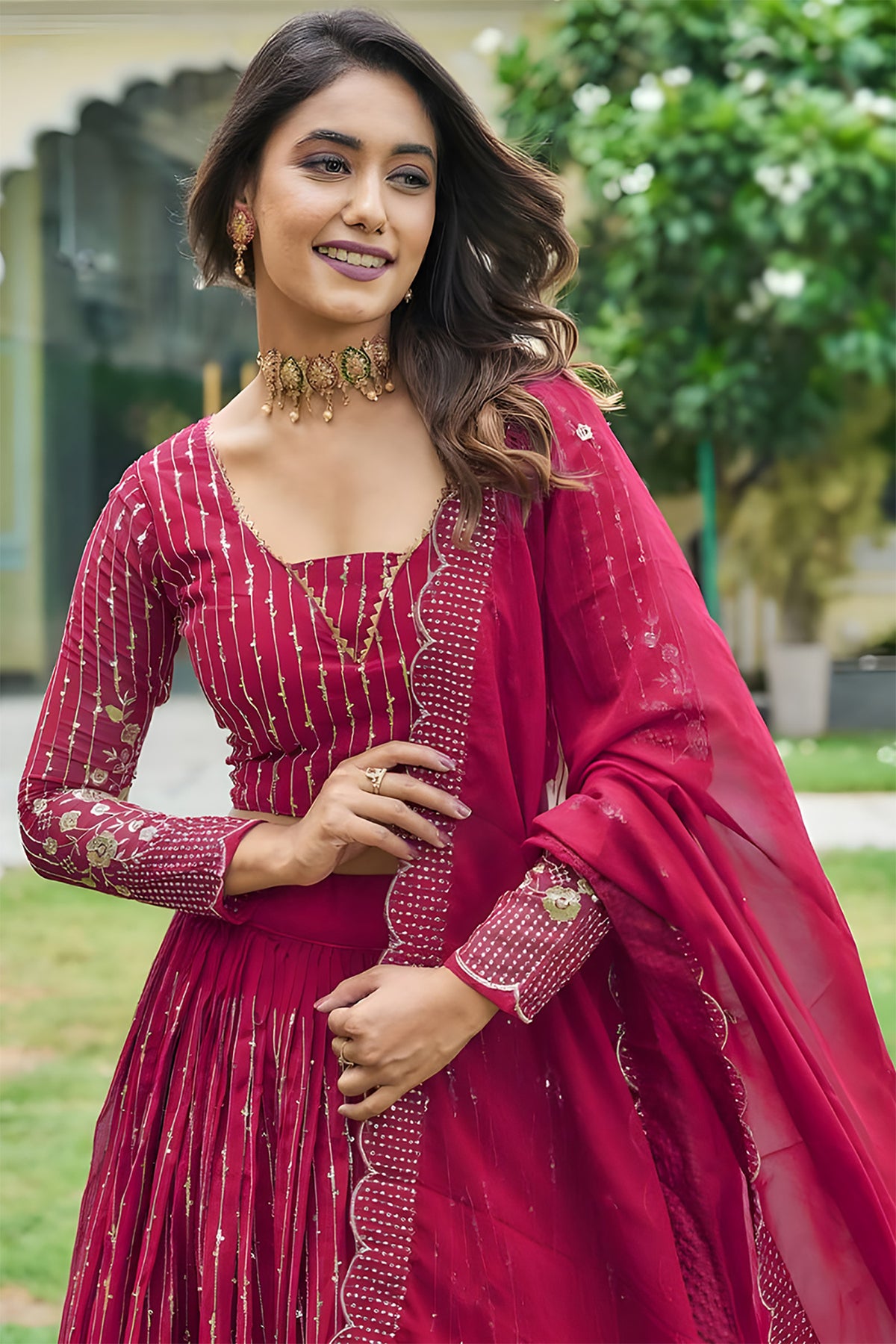 Gorgeous Georgette Lehenga Set with Embroidered Zari Blouse & Sequins Dupatta