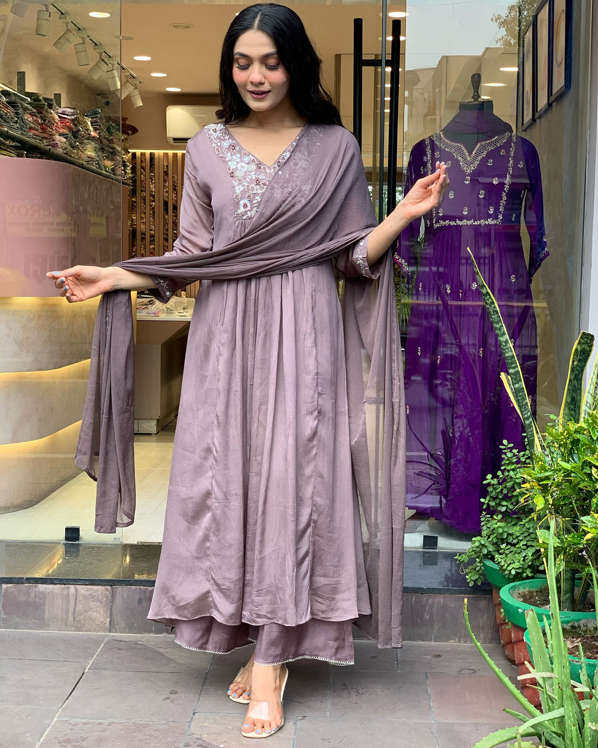 Chinon Embroidered Kurta Pant Dupatta Set