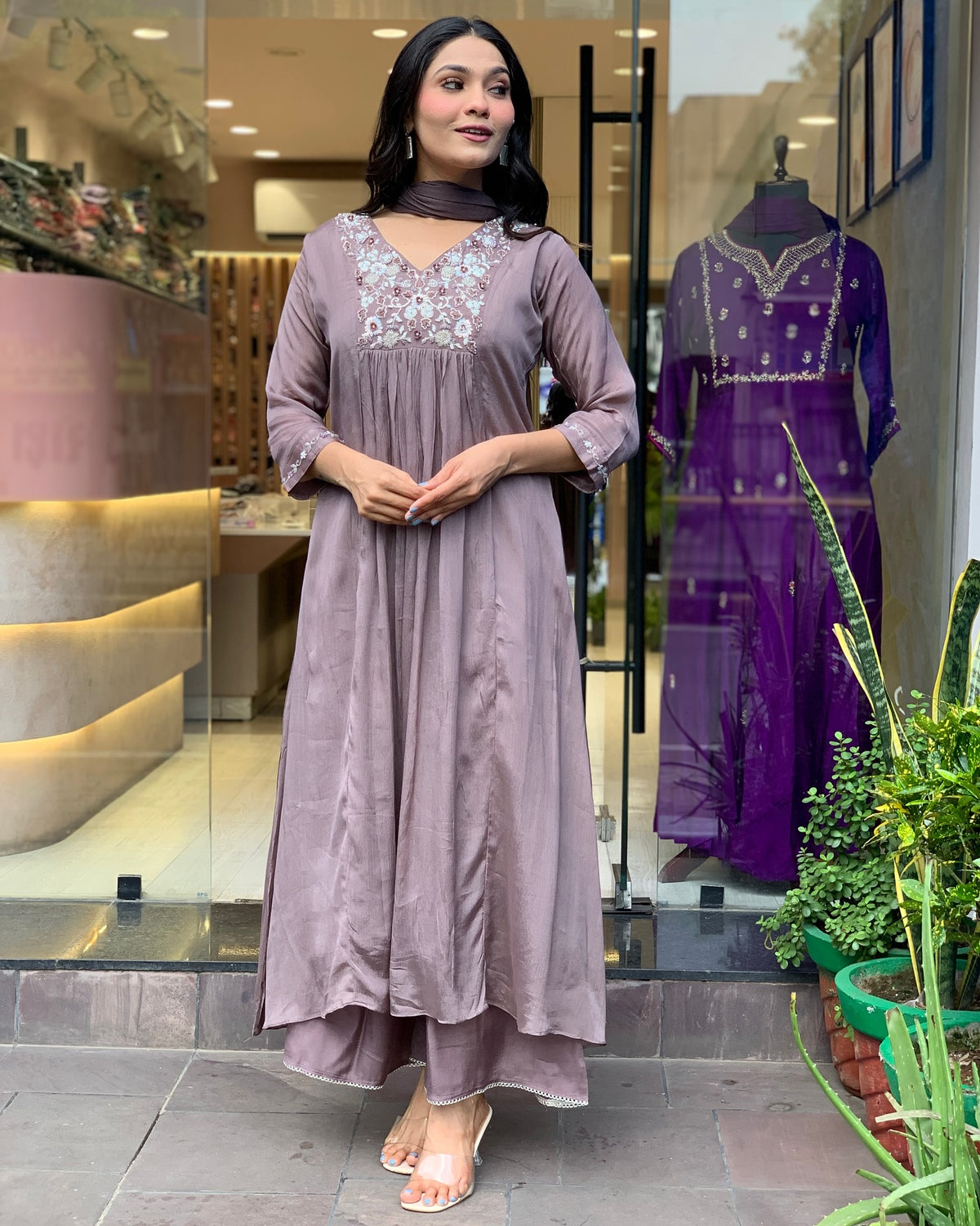 Chinon Embroidered Kurta Pant Dupatta Set