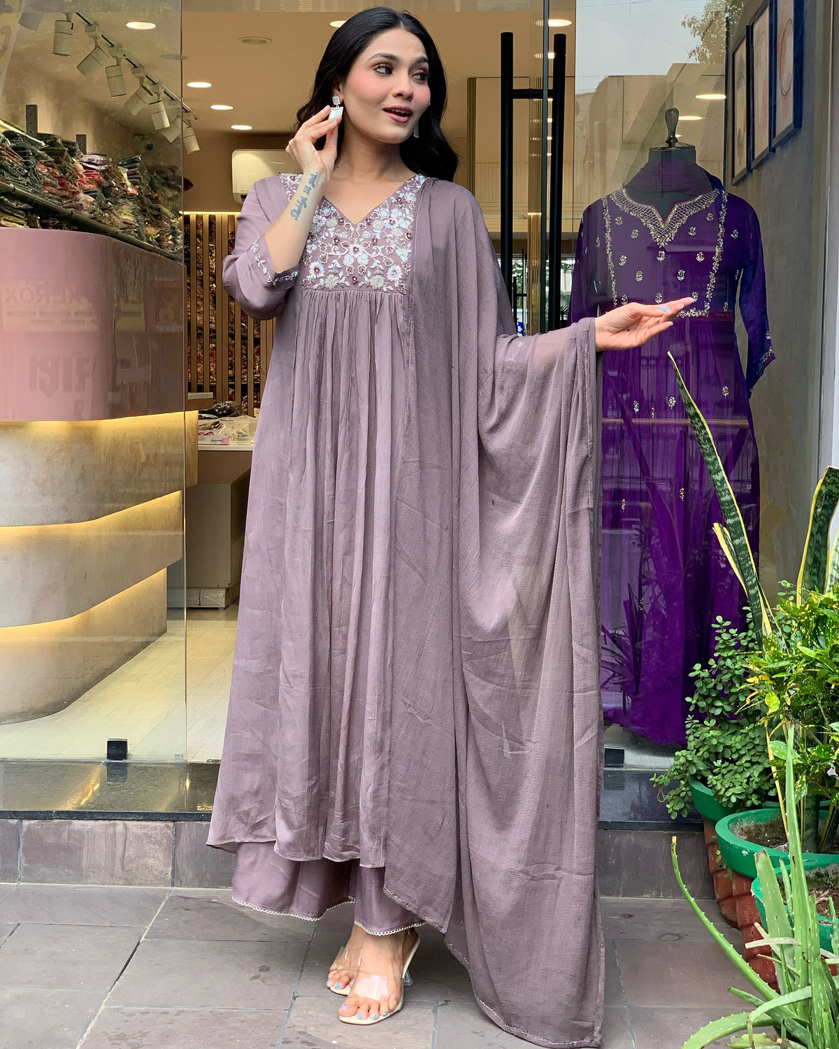 Chinon Embroidered Kurta Pant Dupatta Set