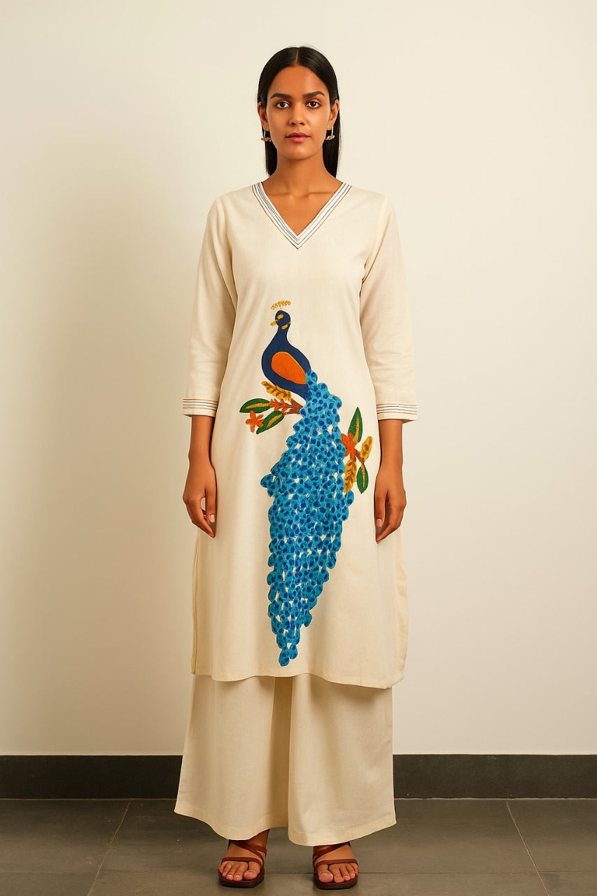 New Launch Designer Kurta with Peacock Motif & Multi-Thread Embroidery β Stitched Plain Pant