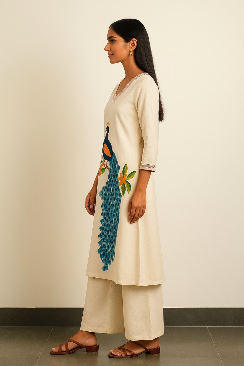New Launch Designer Kurta with Peacock Motif & Multi-Thread Embroidery β Stitched Plain Pant