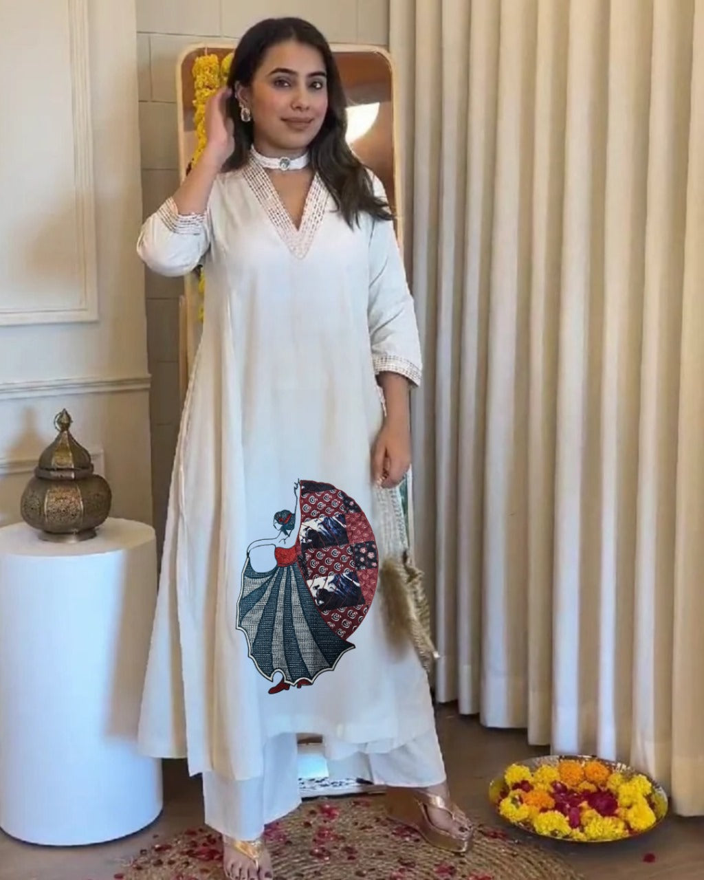 Pure Khadi Linen Straight-Cut Kurta with Lady Motif & Neck/Sleeve Embroidery β Stitched Pant Set