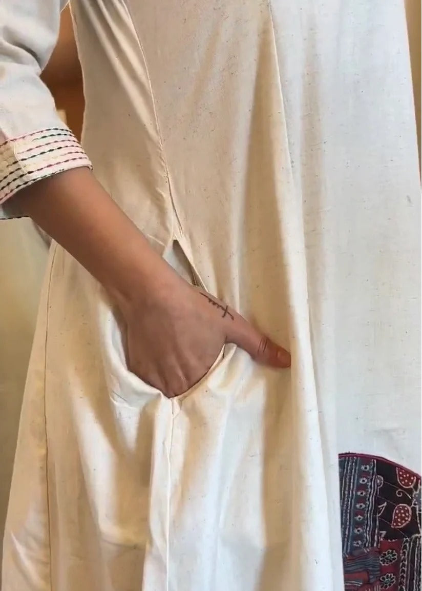 Pure Khadi Linen Straight-Cut Kurta with Lady Motif & Neck/Sleeve Embroidery β Stitched Pant Set