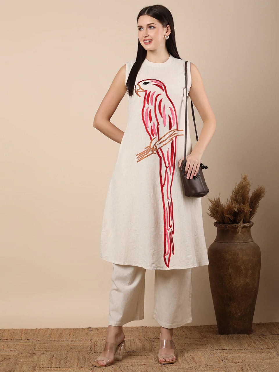 Khadi Silk Ensemble with Peacock Motif Embroidery β Top & Matching Pant