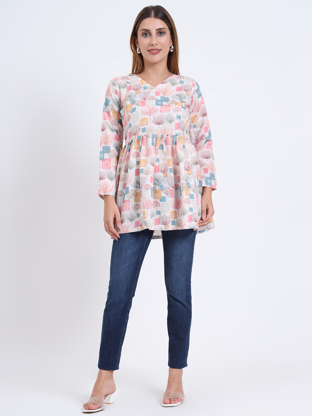 Stylish V-Neck Rayon Top with Multi-Color Digital Print and 3/4 Sleeves