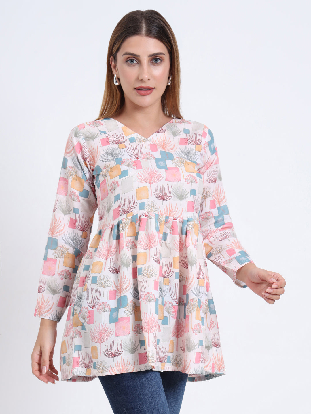 Stylish V-Neck Rayon Top with Multi-Color Digital Print and 3/4 Sleeves