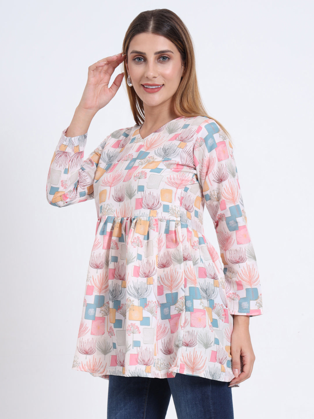 Stylish V-Neck Rayon Top with Multi-Color Digital Print and 3/4 Sleeves