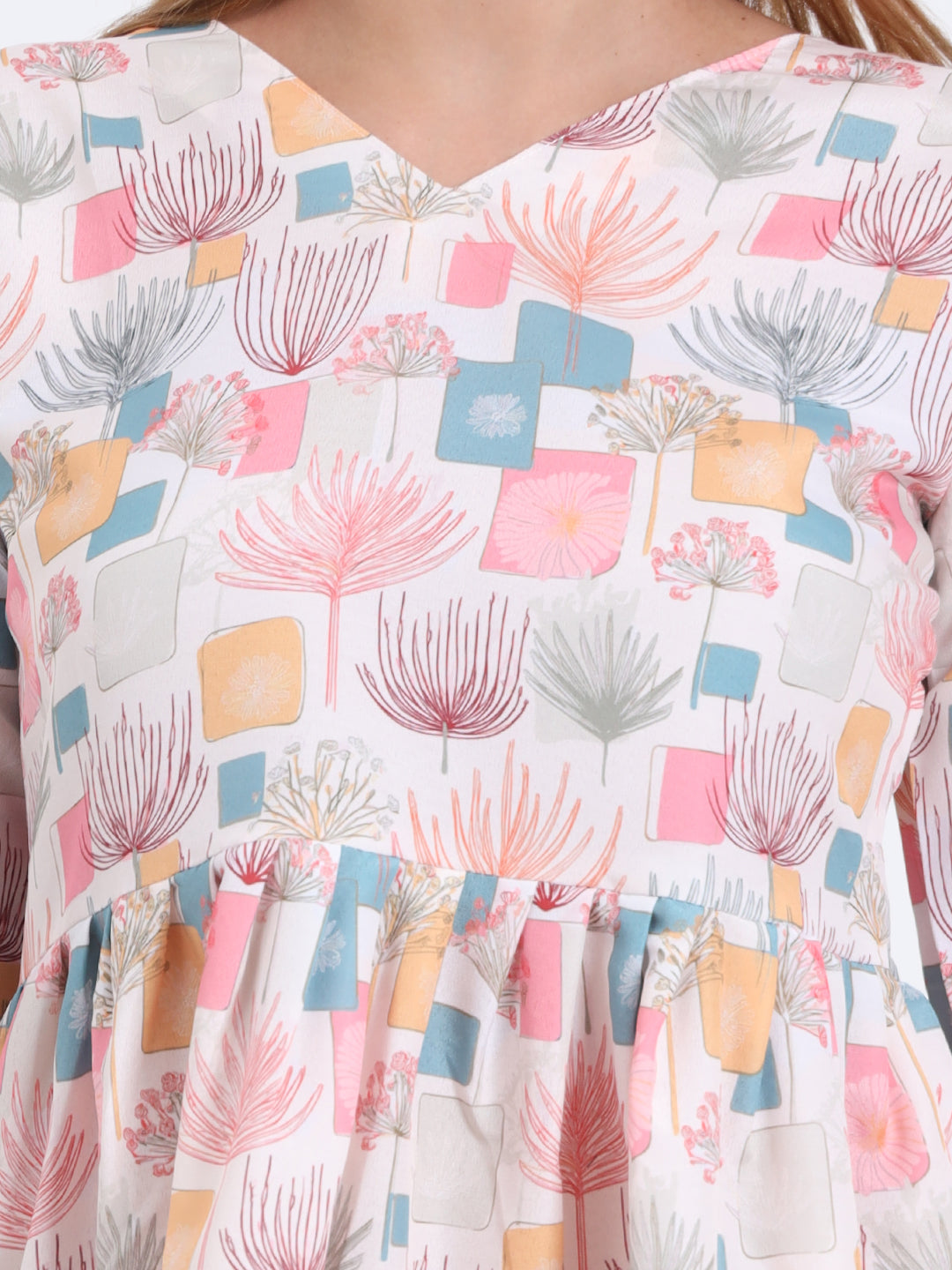 Stylish V-Neck Rayon Top with Multi-Color Digital Print and 3/4 Sleeves