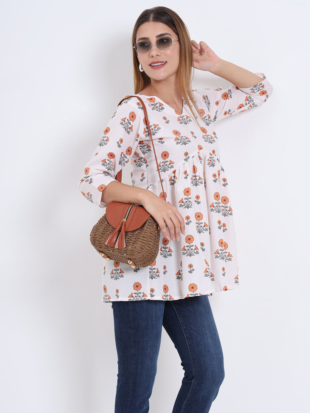 Western Wear V-Neck Rayon Top – Digital Print with Stitched Elastic Waist