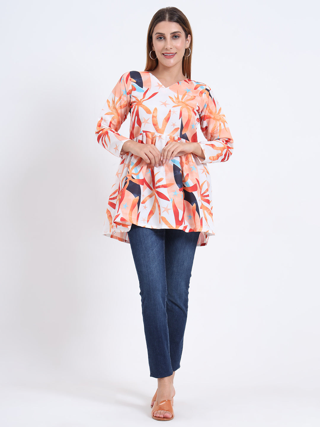 Trendy Rayon V-Neck Top – Multi-Colour Digital Print, 3/4 Sleeve