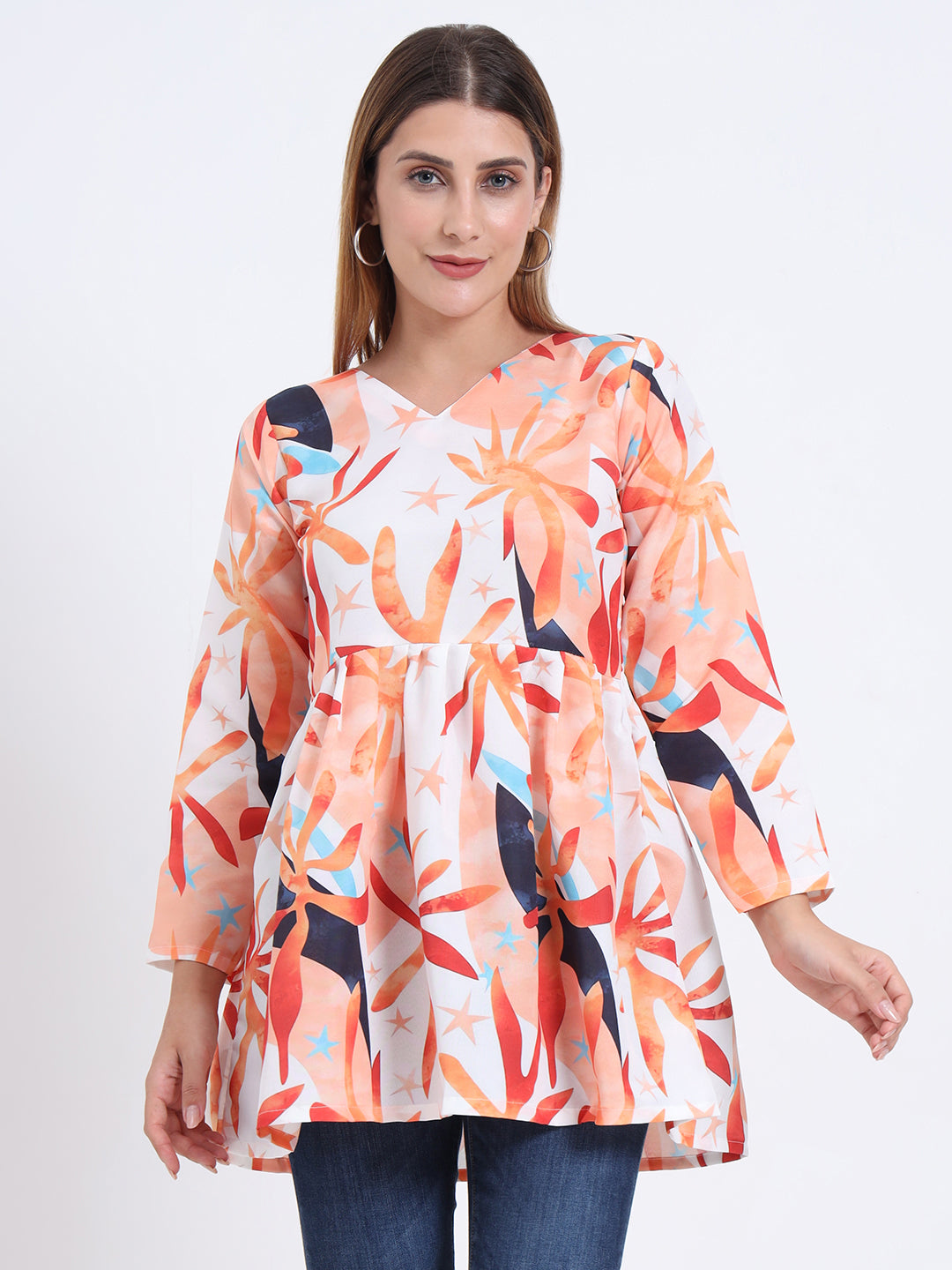 Trendy Rayon V-Neck Top – Multi-Colour Digital Print, 3/4 Sleeve