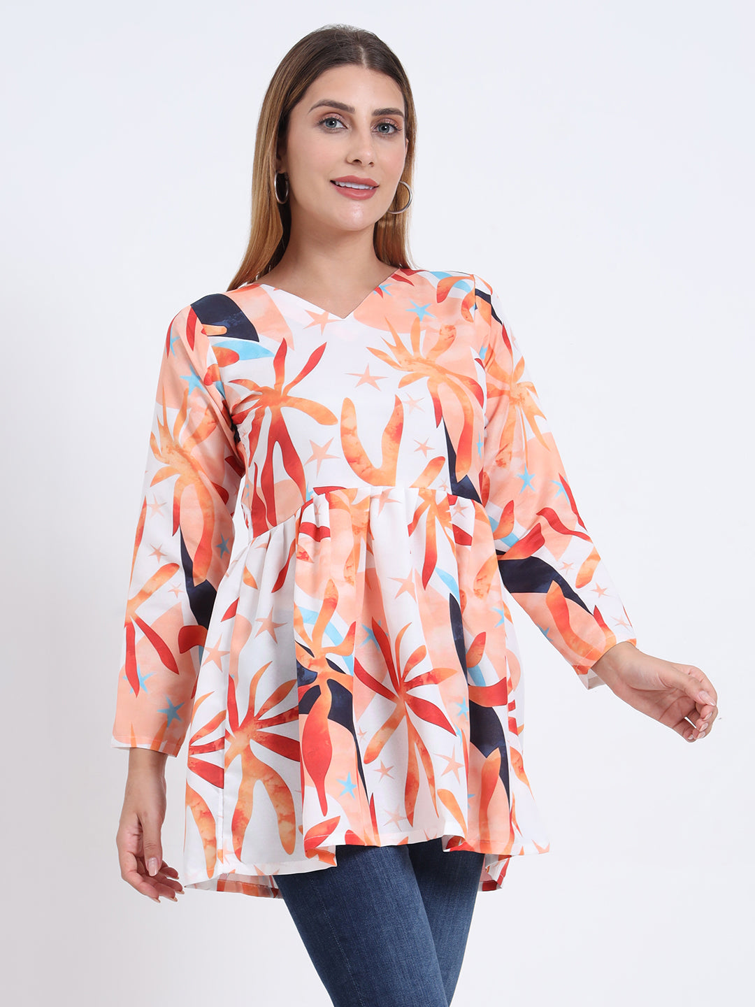 Trendy Rayon V-Neck Top – Multi-Colour Digital Print, 3/4 Sleeve