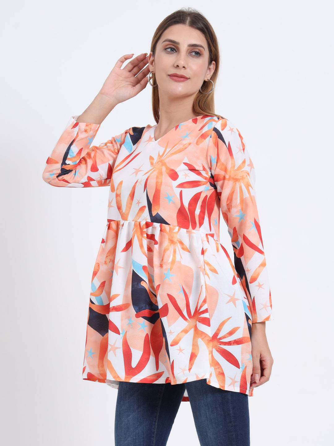 Trendy Rayon V-Neck Top – Multi-Colour Digital Print, 3/4 Sleeve