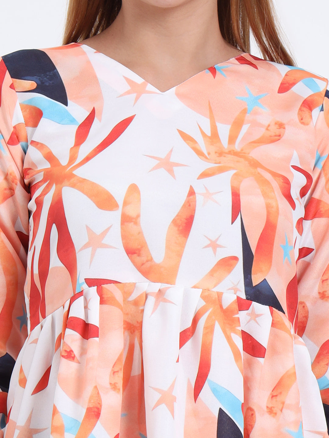 Trendy Rayon V-Neck Top – Multi-Colour Digital Print, 3/4 Sleeve