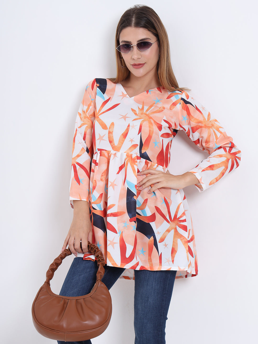 Trendy Rayon V-Neck Top – Multi-Colour Digital Print, 3/4 Sleeve