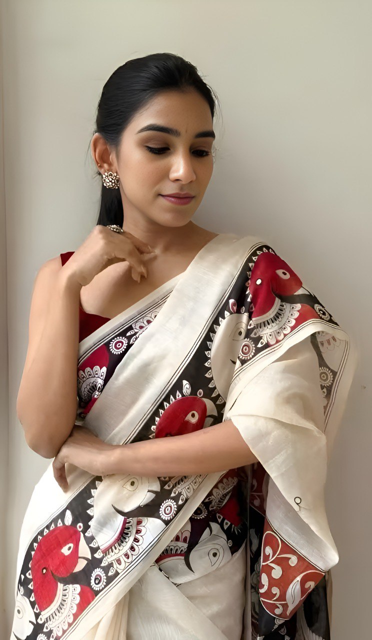 Graceful Chanderi Cotton Saree with Artistic Digital Print & Handmade Zalar