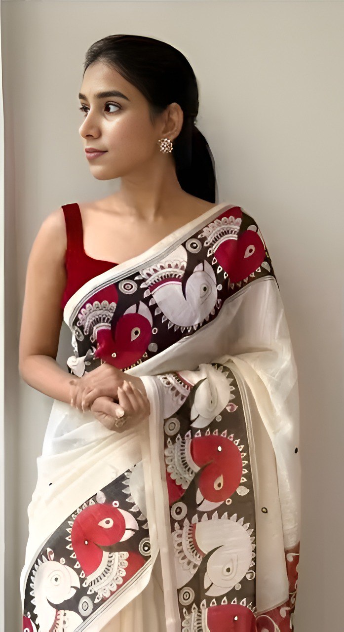 Graceful Chanderi Cotton Saree with Artistic Digital Print & Handmade Zalar