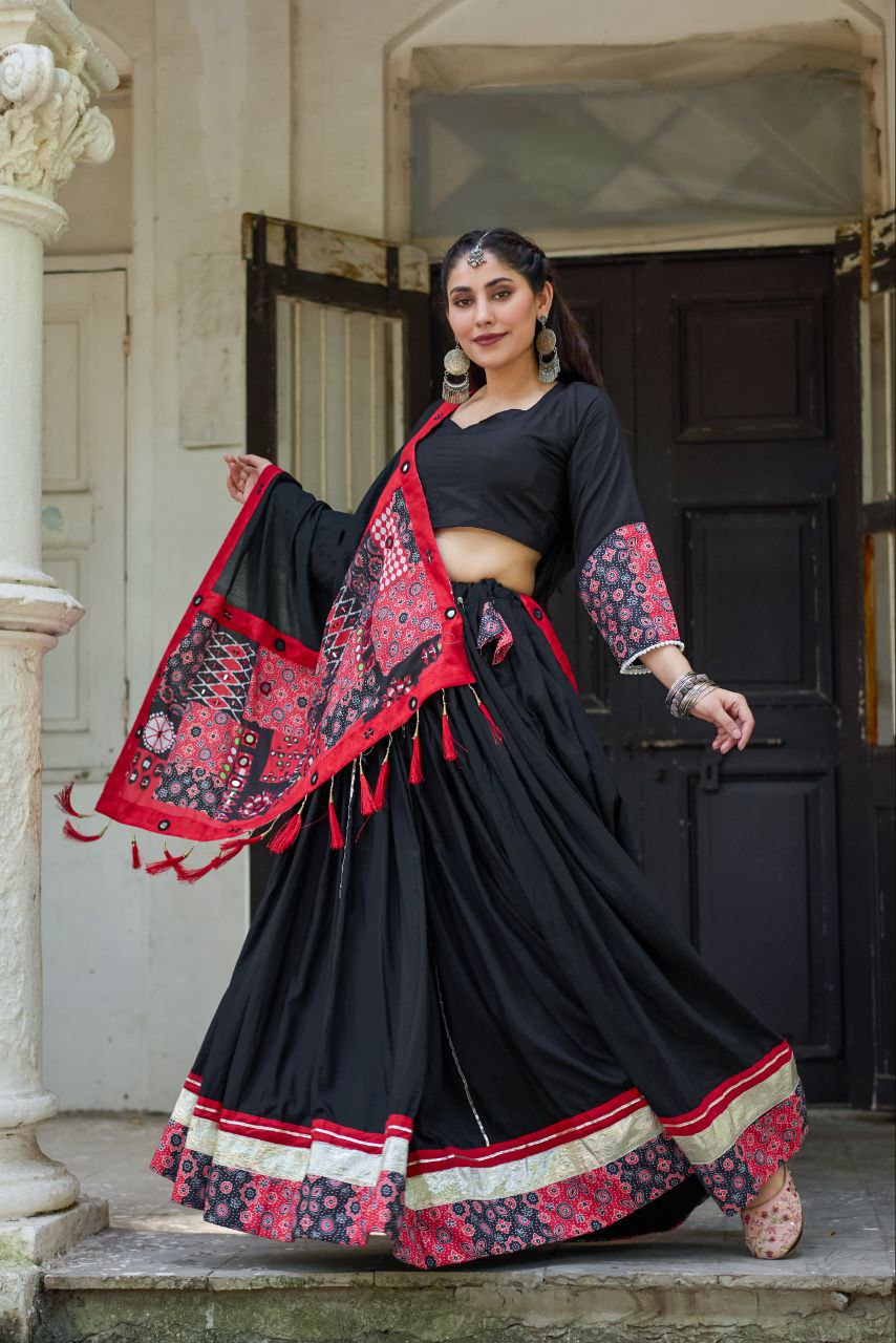 White Cotton Navratri Chaniya Choli with Mirror & Gota Patti Work