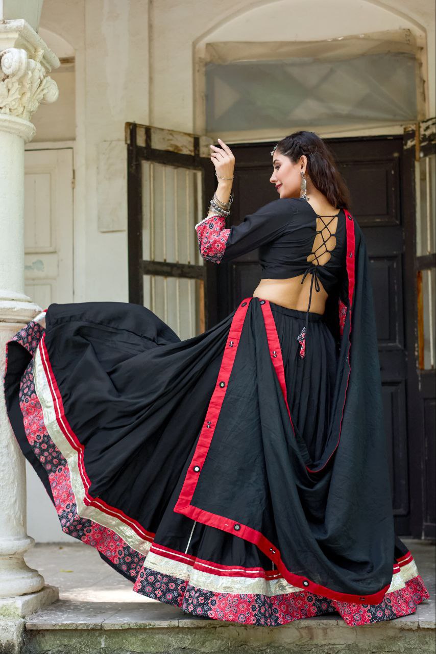 White Cotton Navratri Chaniya Choli with Mirror & Gota Patti Work