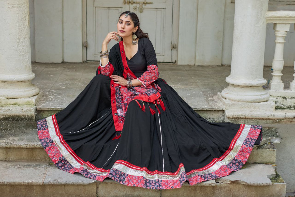 White Cotton Navratri Chaniya Choli with Mirror & Gota Patti Work