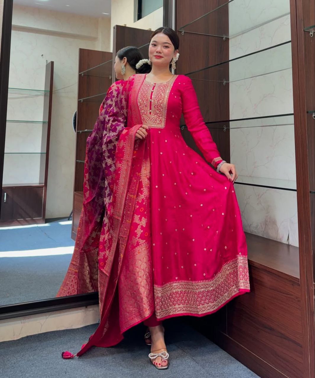 Timeless Grace: Anarkali Flared Silk Kurta Pant Dupatta Set