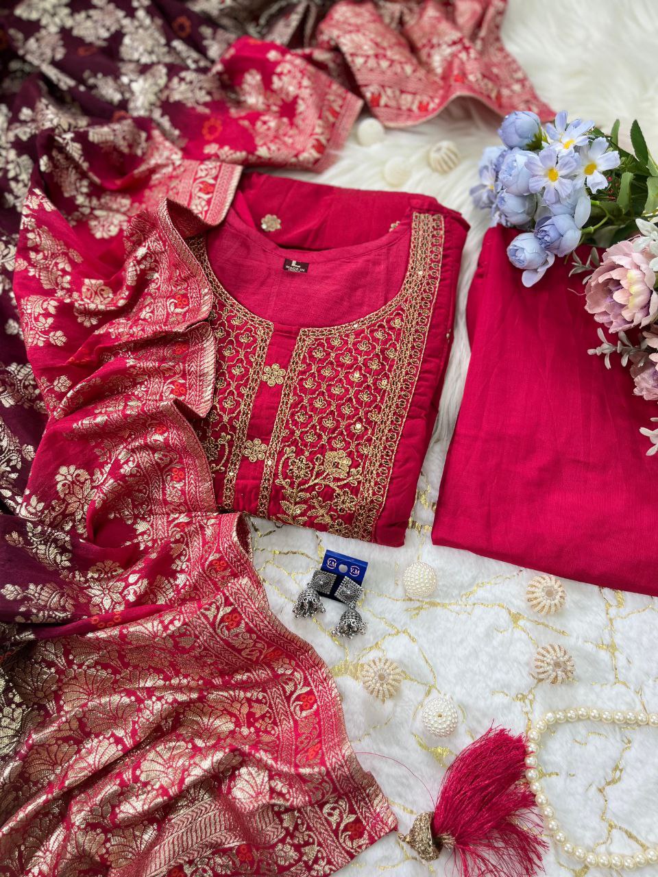 Timeless Grace: Anarkali Flared Silk Kurta Pant Dupatta Set